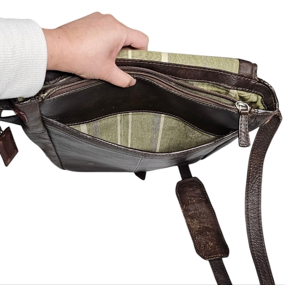 Aged Dark Brown Leather Messenger Bag Green Striped Cloth Lining Tons of Pockets - Picture 4 of 16